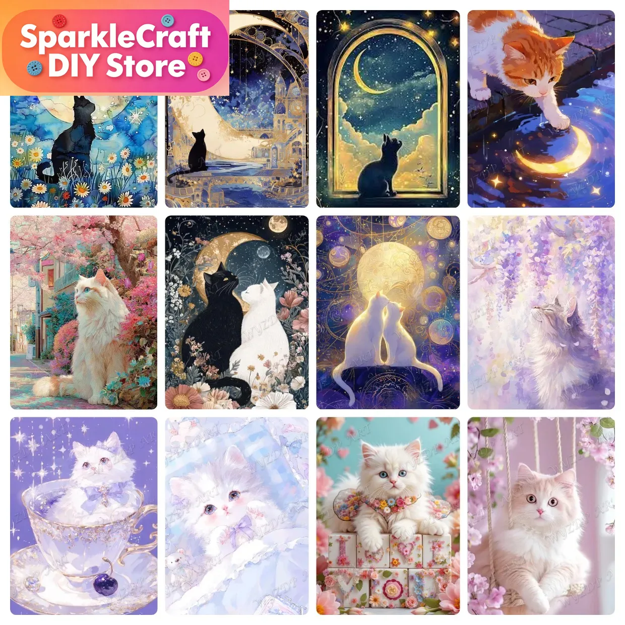 Resin Art For Beginners - ชุดภาพวาดเพชร 5 มิติ ลายแมว ดวงจันทร์ งานฝีมือปักเพชร
