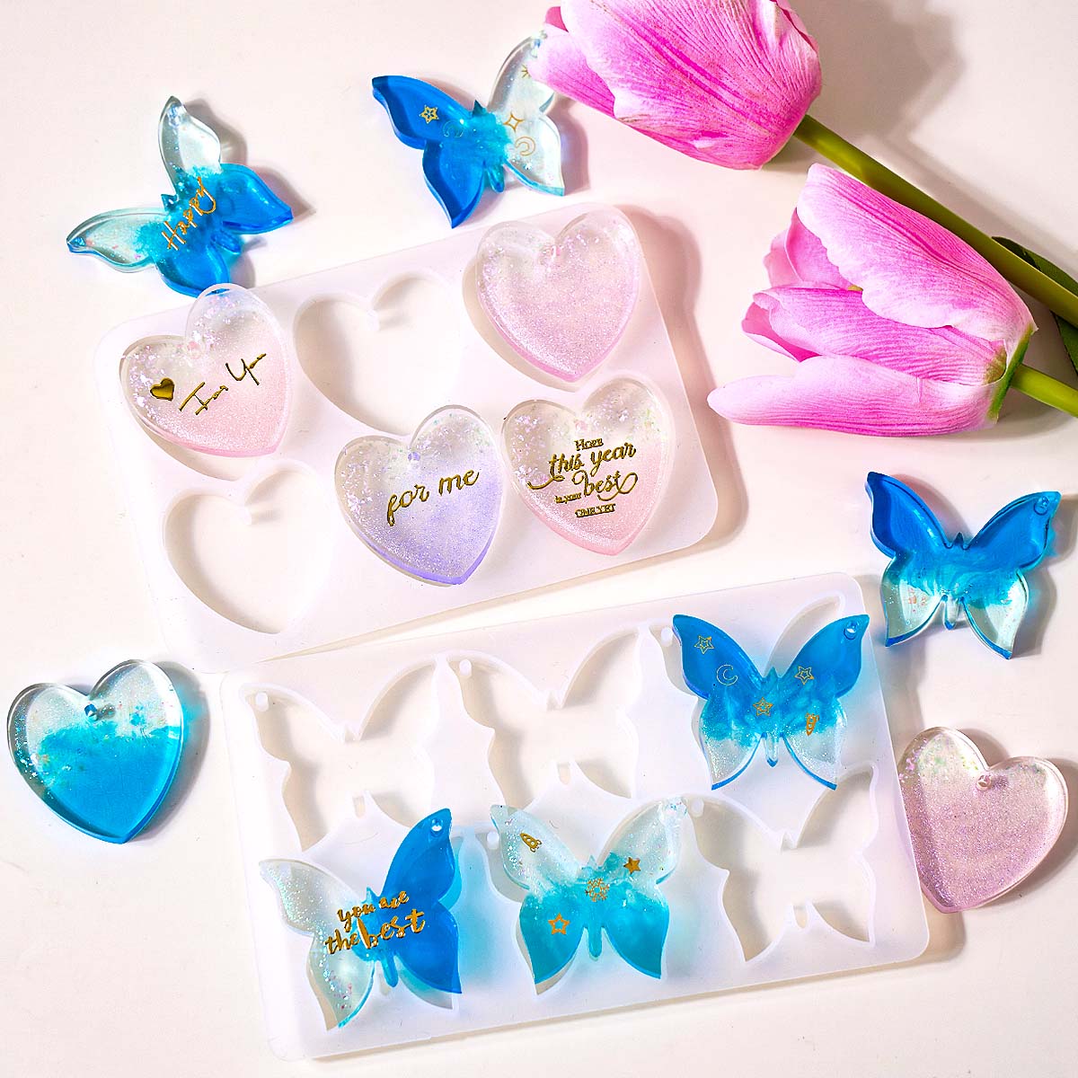 Resin Art Acrylic - แม่พิมพ์ซิลิโคนรูปหัวใจผีเสื้อแบบหกหลุมสำหรับทำต่างหูเรซิ่นอีพ็อกซี่ DIY จี้พวงกุญแจ งานฝีมือเครื่องประดับ