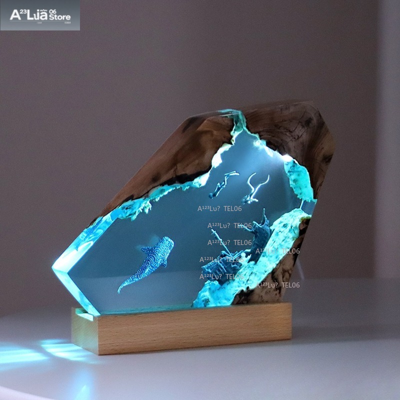 Resin Art Ocean - โคมไฟเรซิ่นไม้ รูปทรงมหาสมุทร ของตกแต่งโต๊ะทำงาน รูปฉลาม วาฬ เรืออับปาง