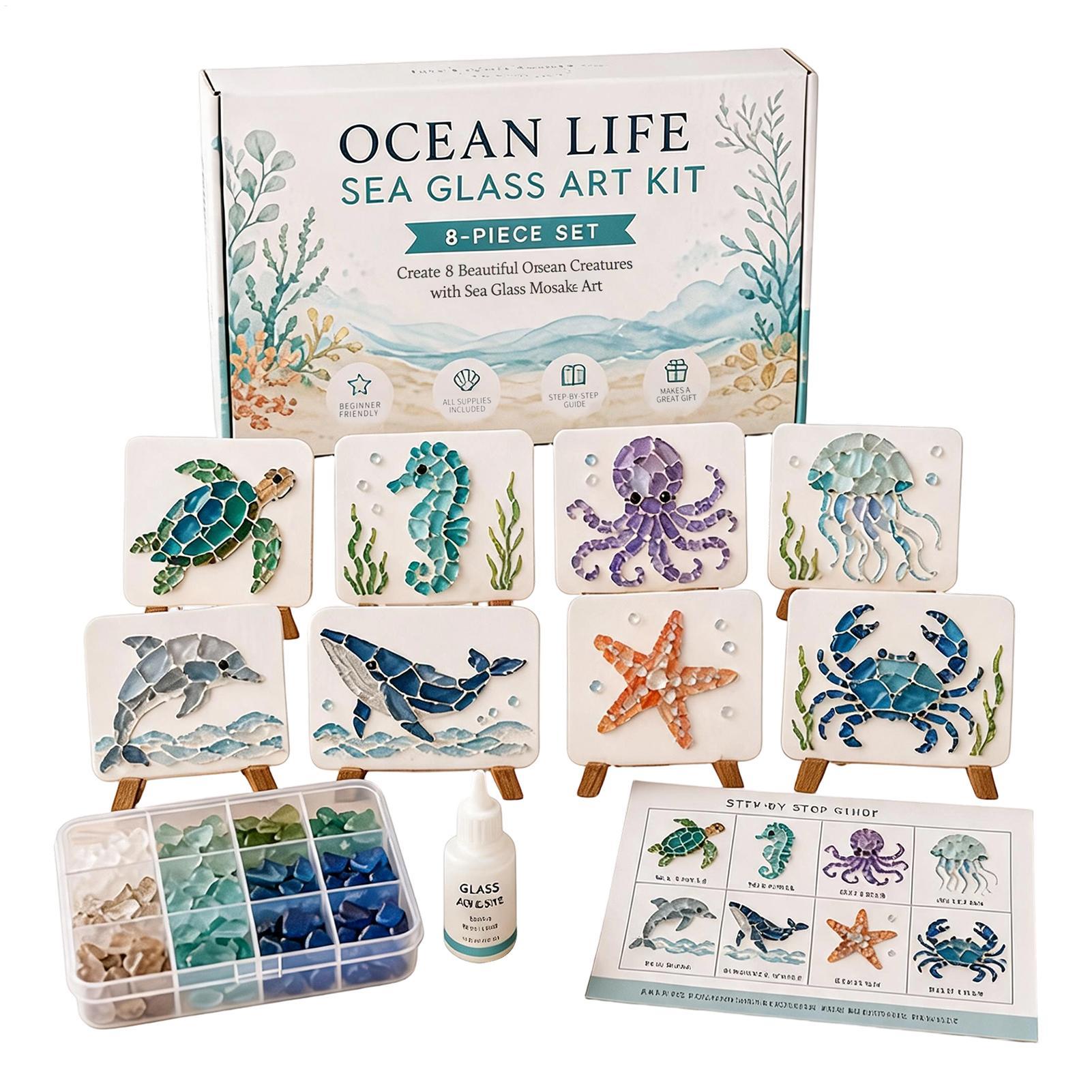 Resin Art Ocean - ชุดศิลปะโมเสกแก้วทะเล DIY แบบยังไม่เสร็จ สร้างสรรค์งานศิลปะจากแก้วบดธีมมหาสมุทร ชุดอุปกรณ์ตกแต่งรูปสัตว์แบบทำมือพร้อมพื้นผิวเรียบสำหรับการวาดภาพ