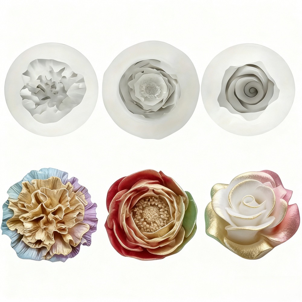 Resin Art Gift For Wedding - แม่พิมพ์ซิลิโคน 3 ชิ้นสำหรับดอกกุหลาบ ดอกโบตั๋น และดอกคาร์เนชั่น เหมาะสำหรับเทียน