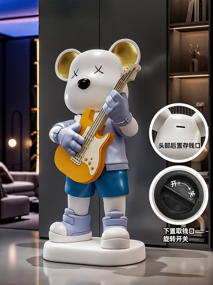 Resin Art Floor - ตุ๊กตาหมีกีตาร์ กระปุกออมสิน ของตกแต่งบ้าน ห้องนั่งเล่น รูปปั้นสัตว์ งานศิลปะ