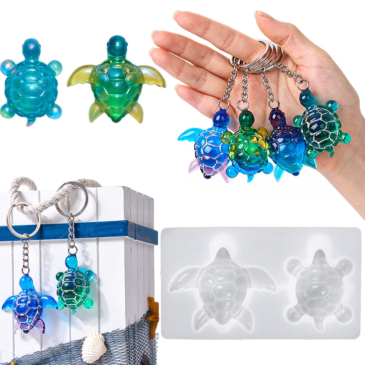 Resin Art Acrylic - แม่พิมพ์ซิลิโคนรูปเต่าทะเล 3 มิติ สำหรับทำพวงกุญแจ DIY ของตกแต่งธีมมหาสมุทร