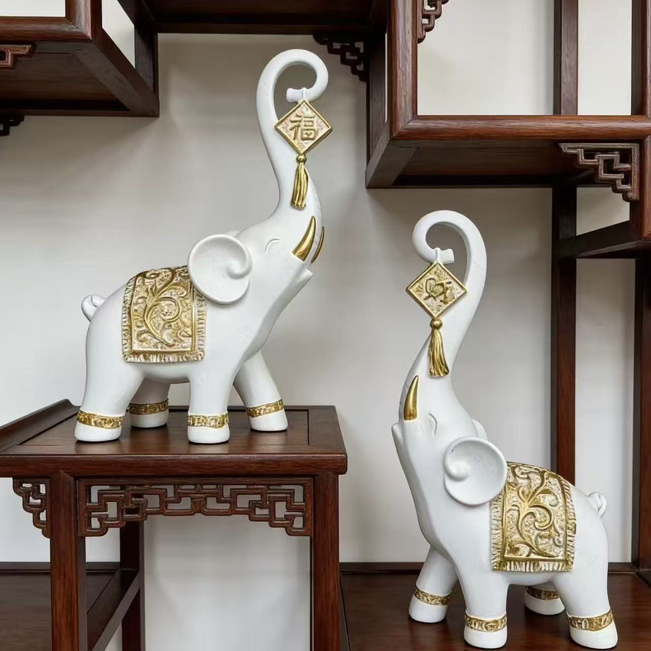 รูปปั้นช้างมงคลสไตล์จีน 1 คู่  - Resin Art Gift For Wedding บทวิจารณ์และราคา